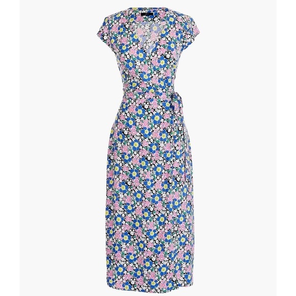 J. Crew Fabrizia Midi Wrap Dress in Soft Rayon Pink Blue Flowers Floral X-Small - Picture 2 of 11